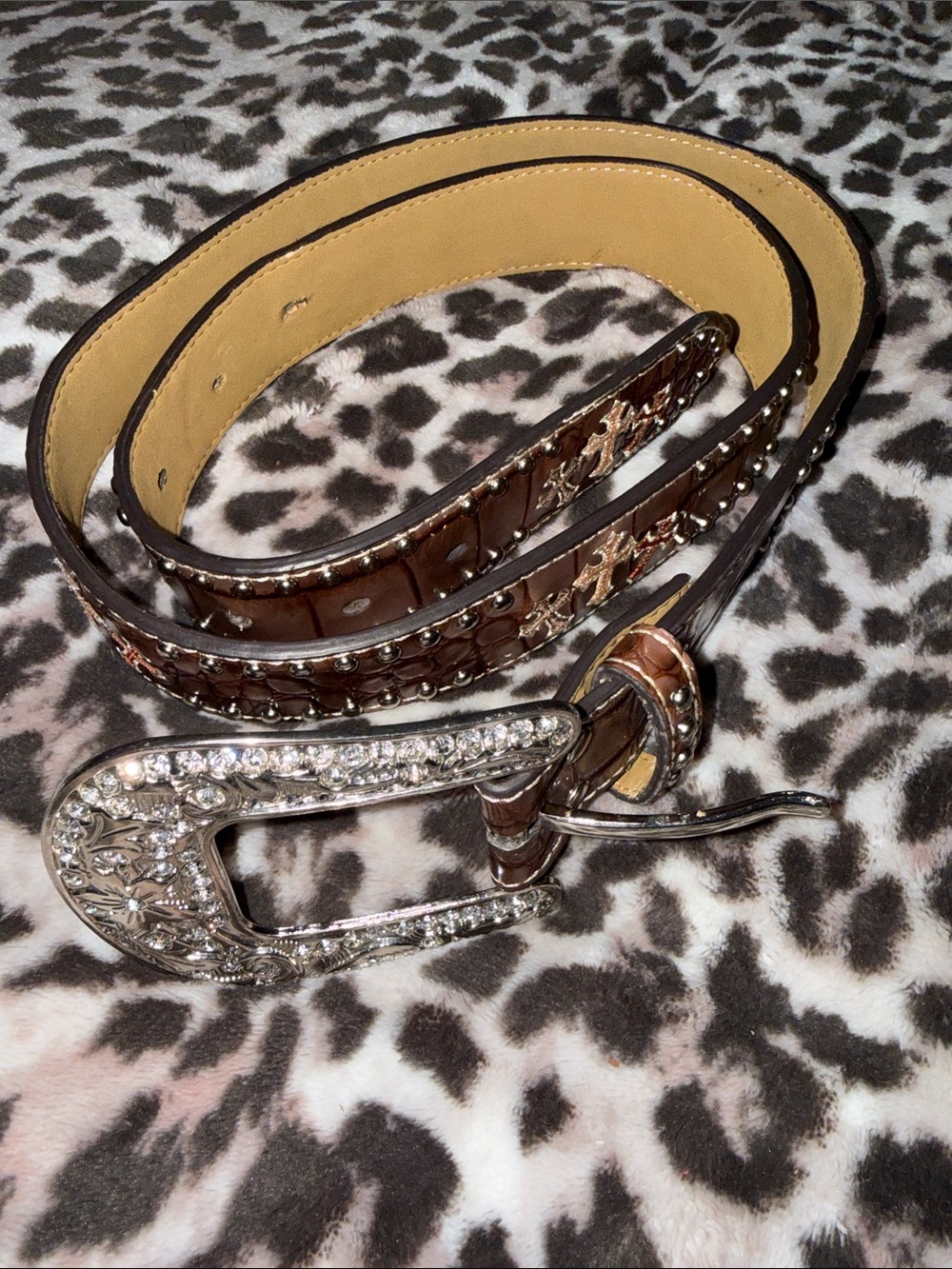 Brown Western-Style Women's Belt with Decorative Rhinestone Buckle